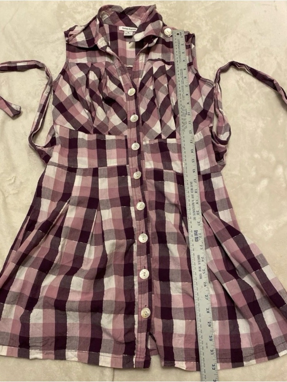 Cotton Express Purple and White Sleeveless Gingham Button-Front Midi Dress - Picture 9 of 13